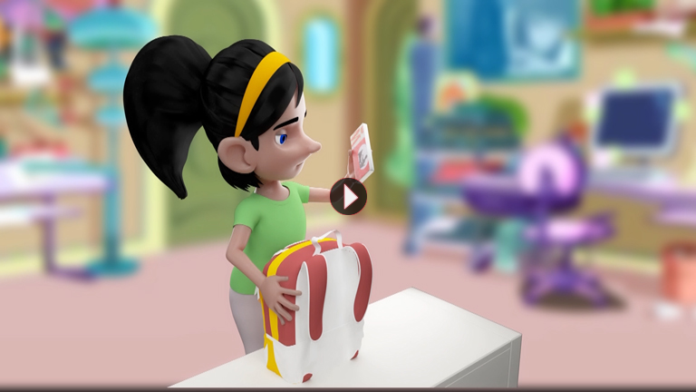 mishtiAloo 3d cartoony character looking a instrument