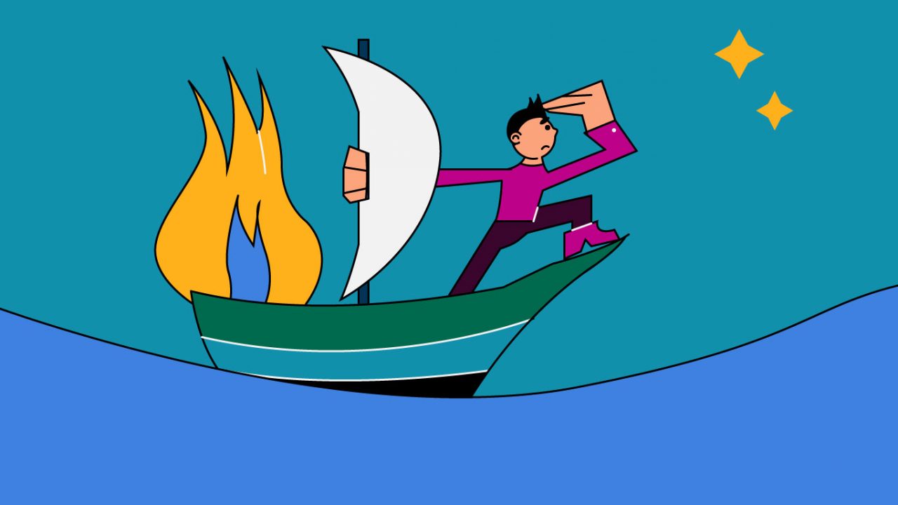 cartoon man on a burning boat