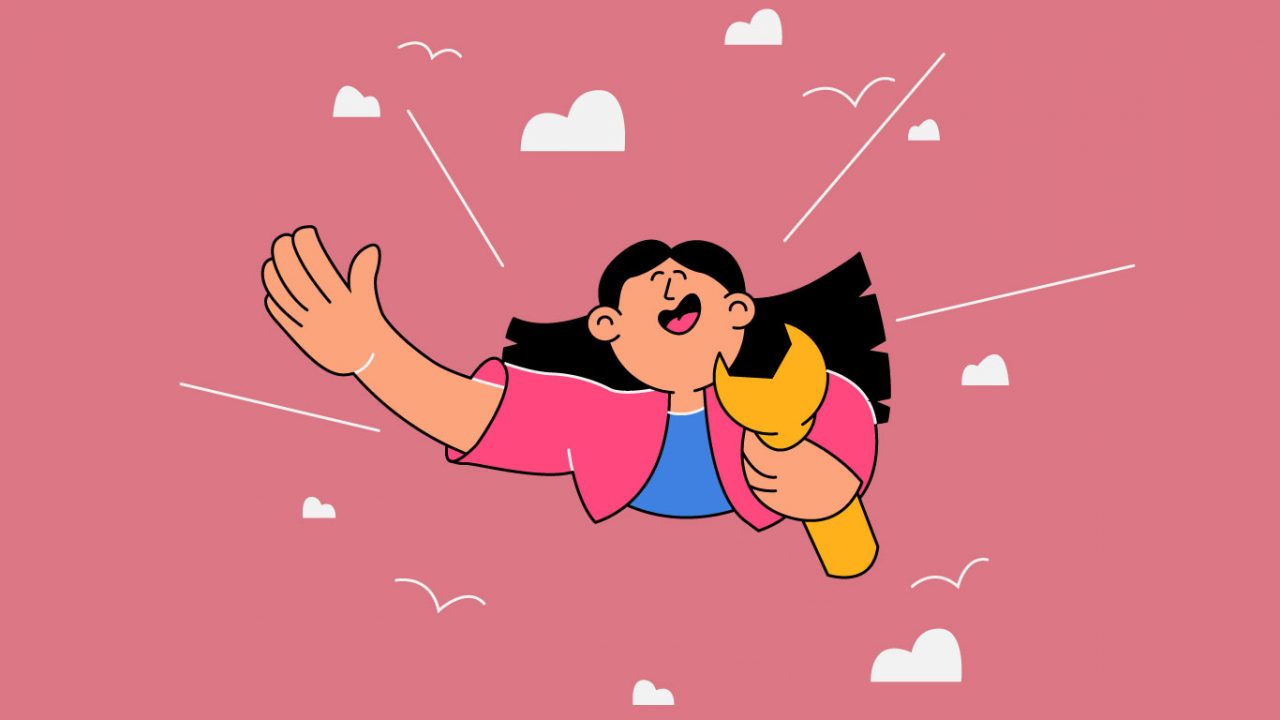 cartoon girl flying with a wrench