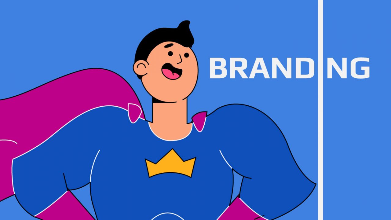 cartoon hero beside branding sign