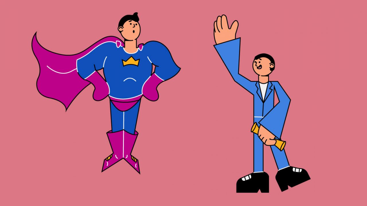 cartoon guide waiving hi to hero character