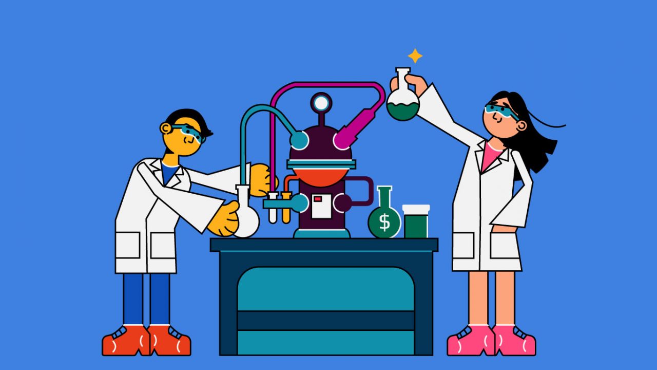 cartoon scientists are in laboratory
