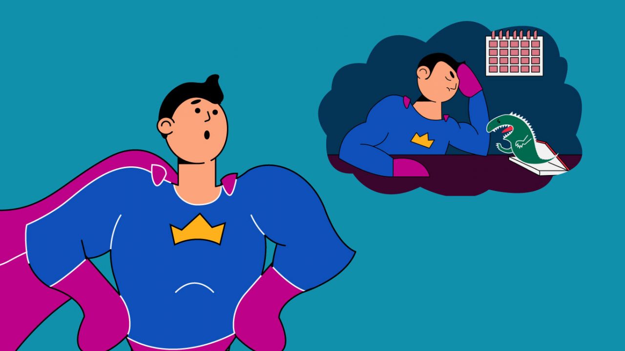 cartoon hero thinking of problem in thought bubble